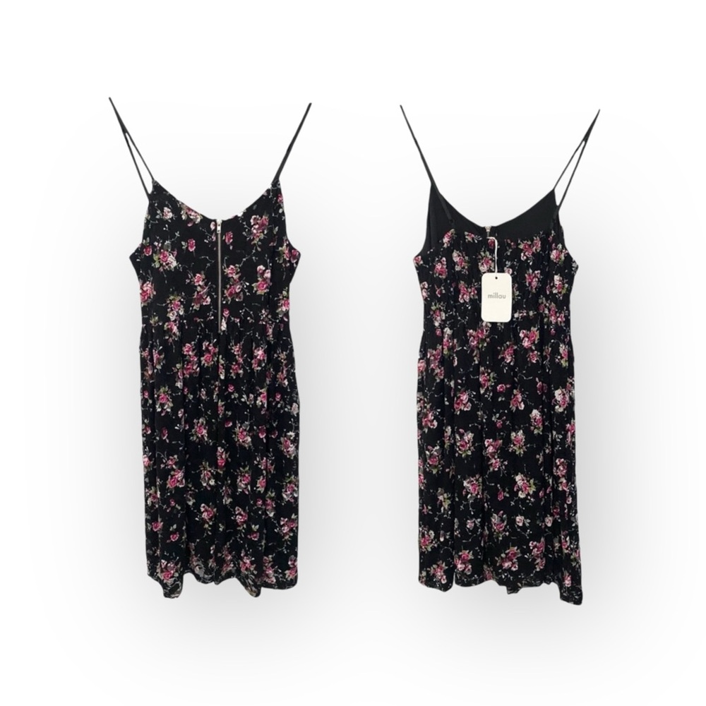 new LF Millau 𑁍 Floral Print Lace Babydoll Dress 𑁍 Black with Pink Flowers 𑁍 M - Picture 2 of 16